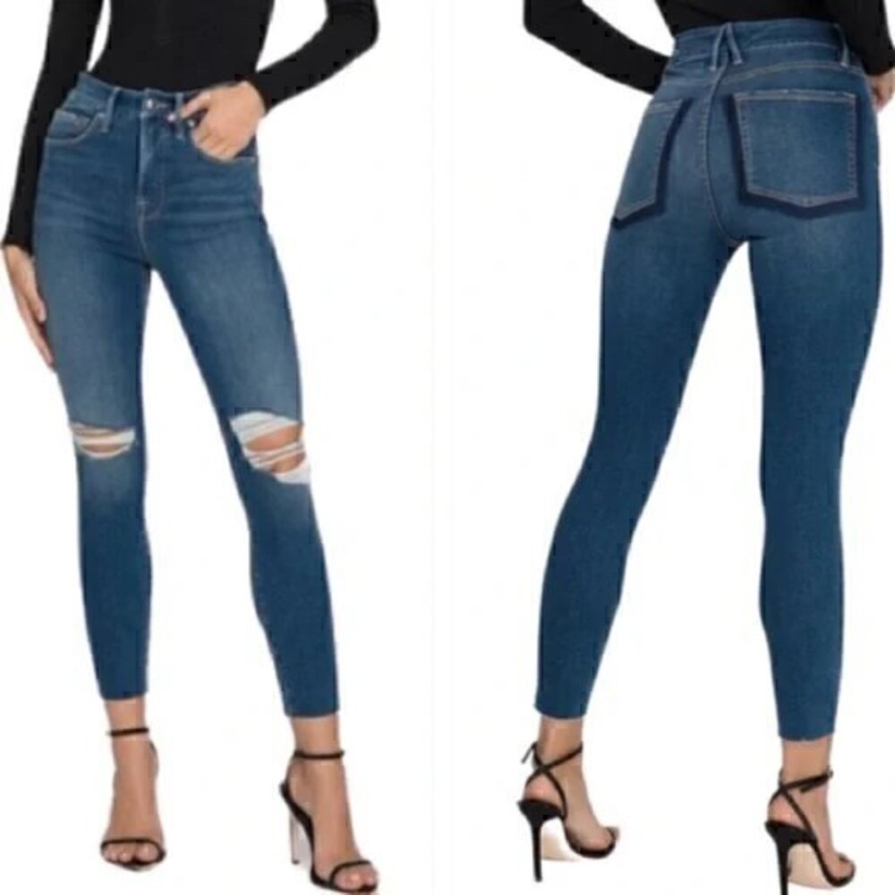 Good American Good Waist Crop Jeans Dark Wash Distressed Size 4/27